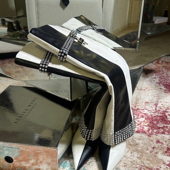 Chic Black and White Studded Over the Knee Boots - Picture 4 of 5